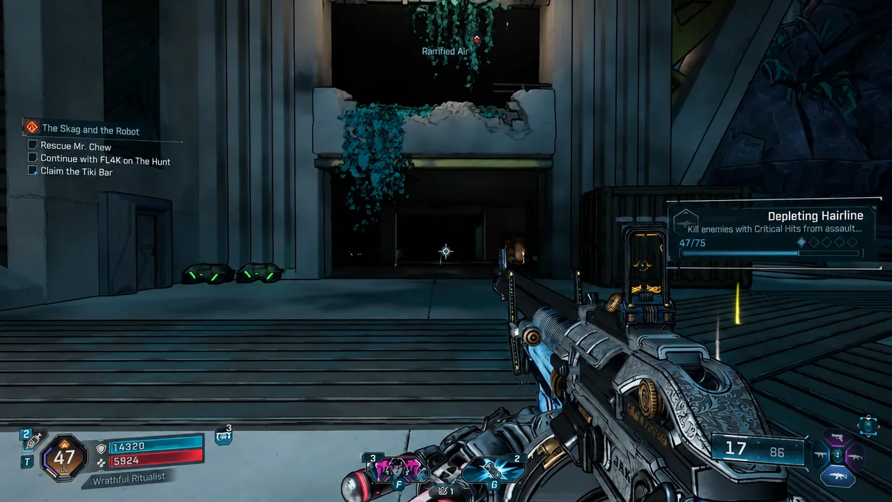 Player aiming at a blocked doorway with the active objective shown in the quest tracker