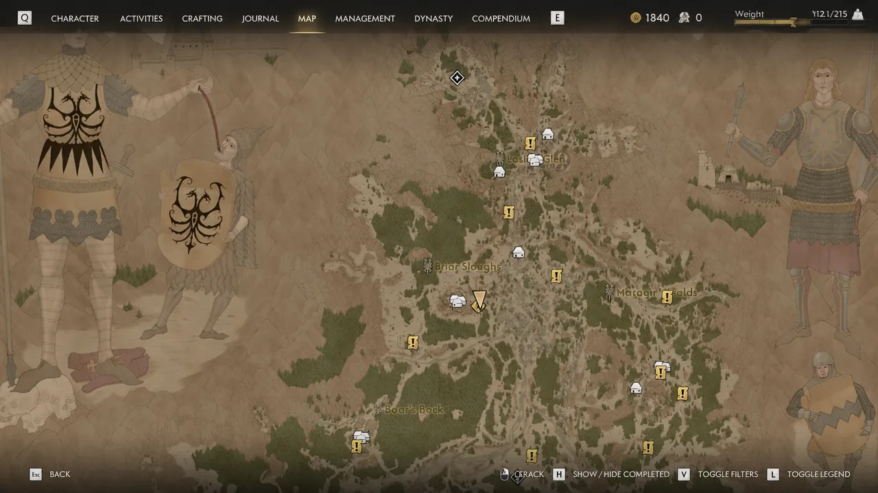 World map open on the MAP tab with quest and location markers across Vale Sangora