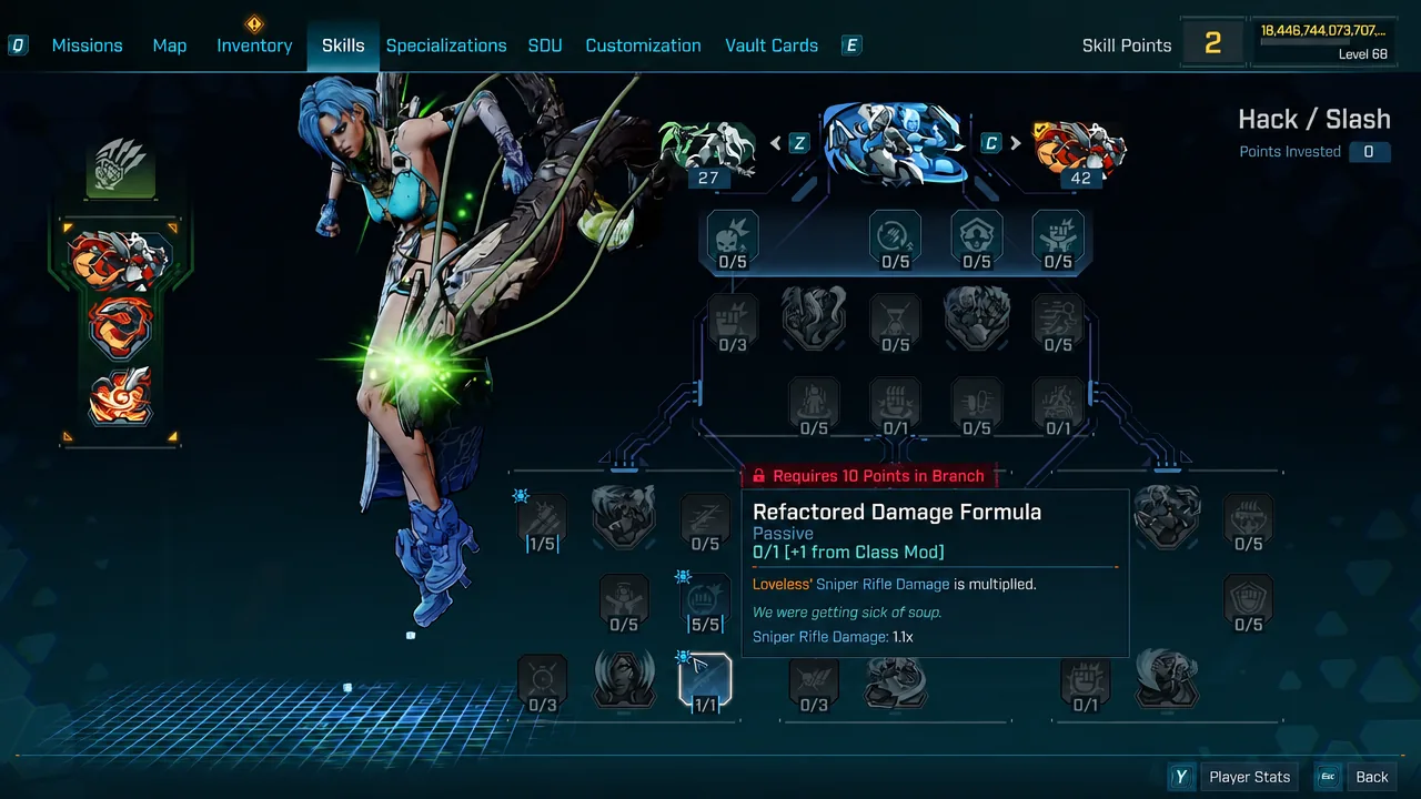 Skills screen with the Refactored Damage Formula node highlighted to show its passive bonuses