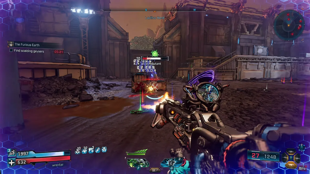 Sustained SMG fire on an Adjutant in Lapillus Bend with the Furious Earth objective tracked on screen