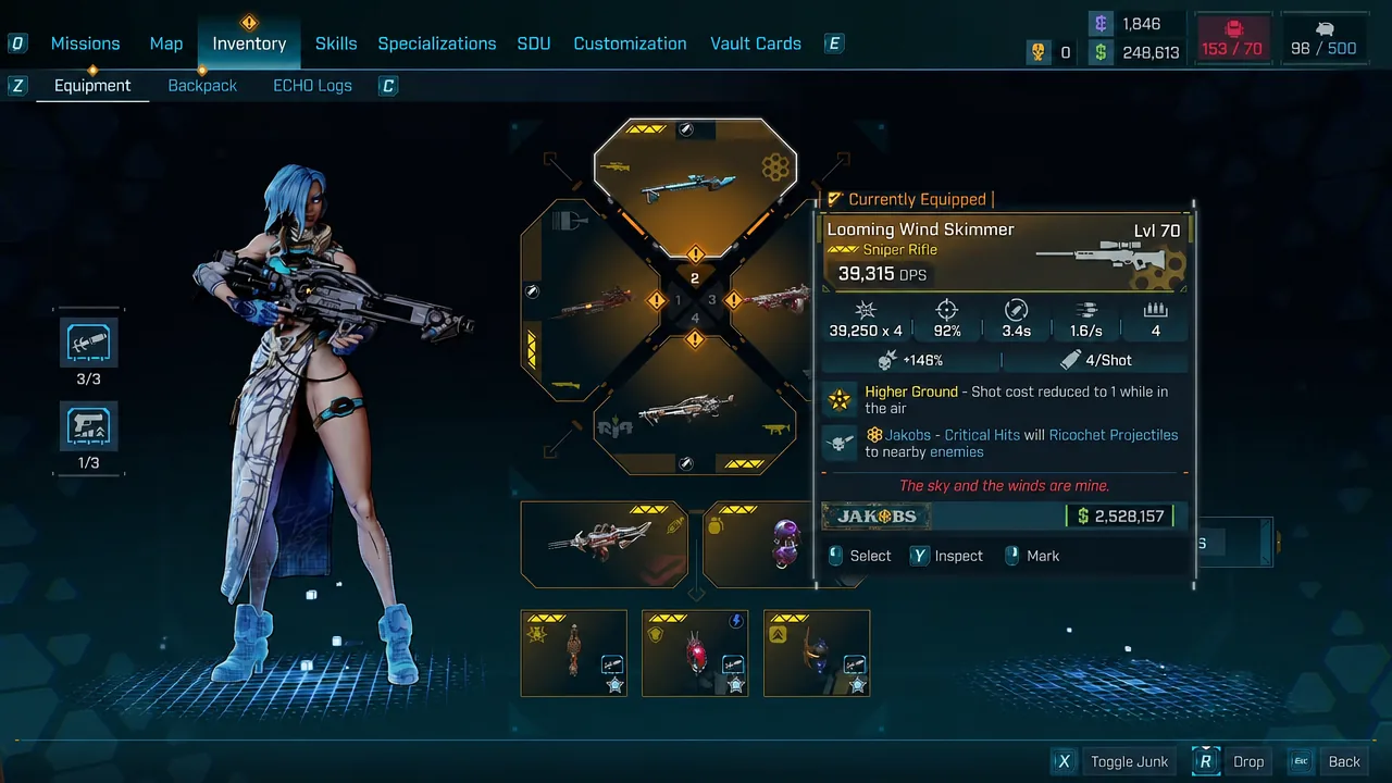 Equipment tab of the inventory with the Looming Wind Skimmer sniper rifle selected and its stat card open