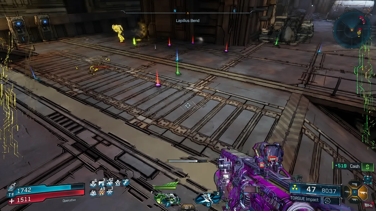 Collecting scattered cash and loot drops in Lapillus Bend with a Torgue Impact weapon equipped