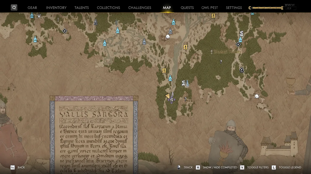 Map screen with a quest selected for tracking near The Silts region