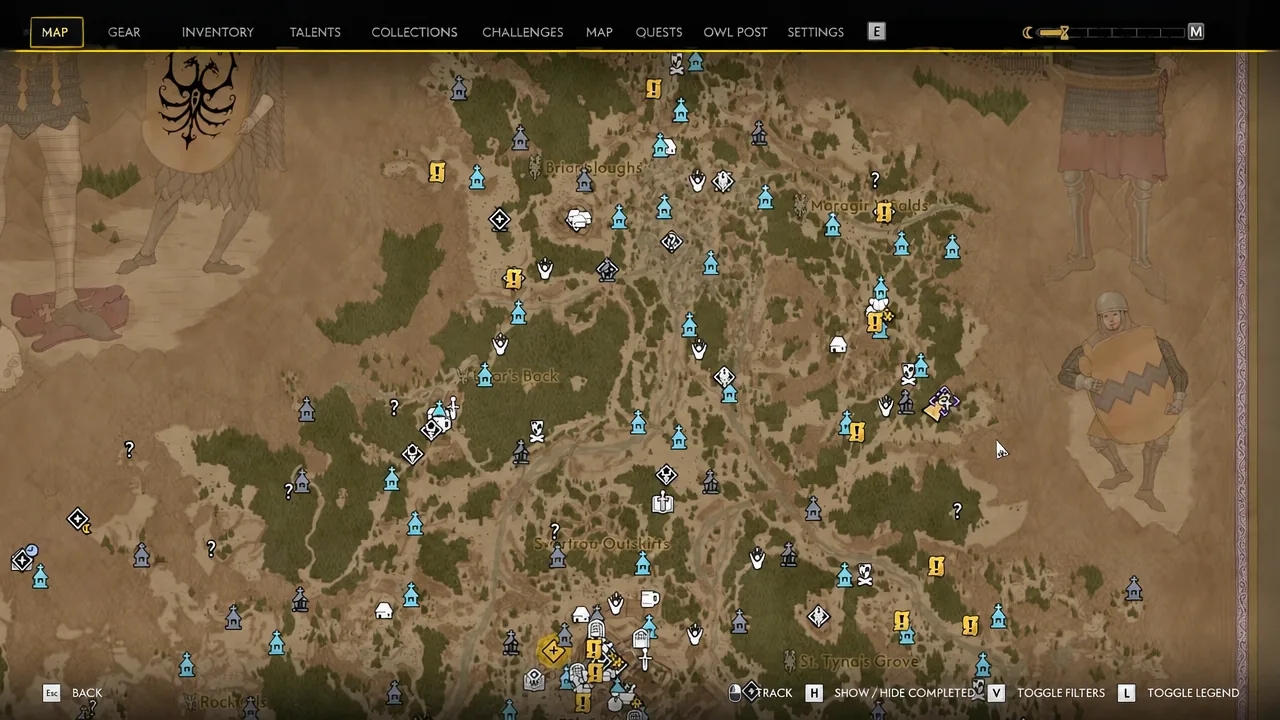 World map open on the MAP tab showing location markers across Vale Sangora