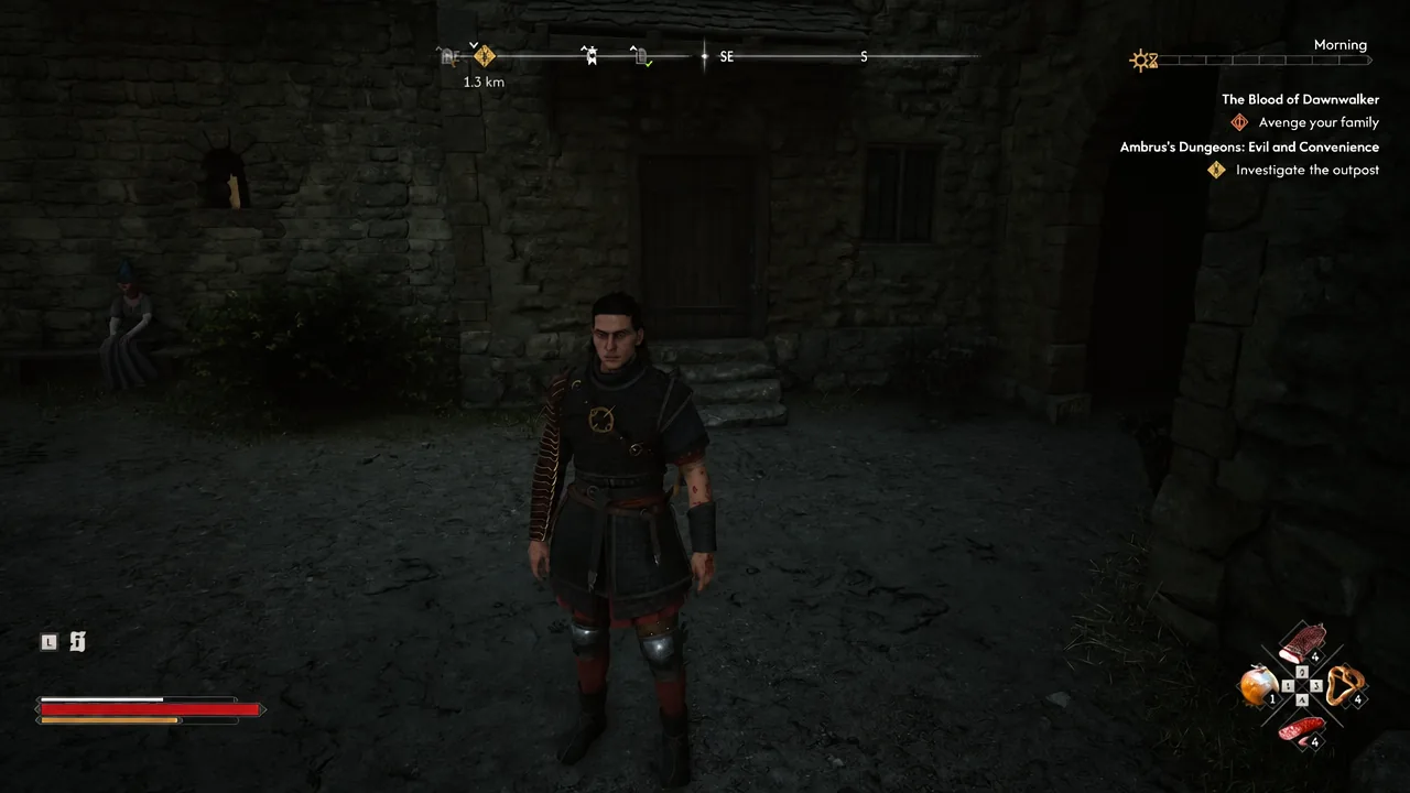 Coen investigating an occupied outpost with a quest objective tracked on the HUD