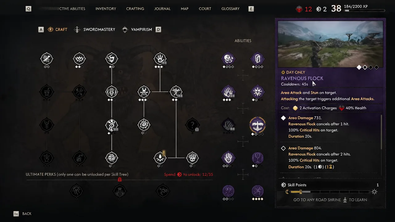 Active Abilities screen with Ravenous Flock selected and its upgrade levels shown
