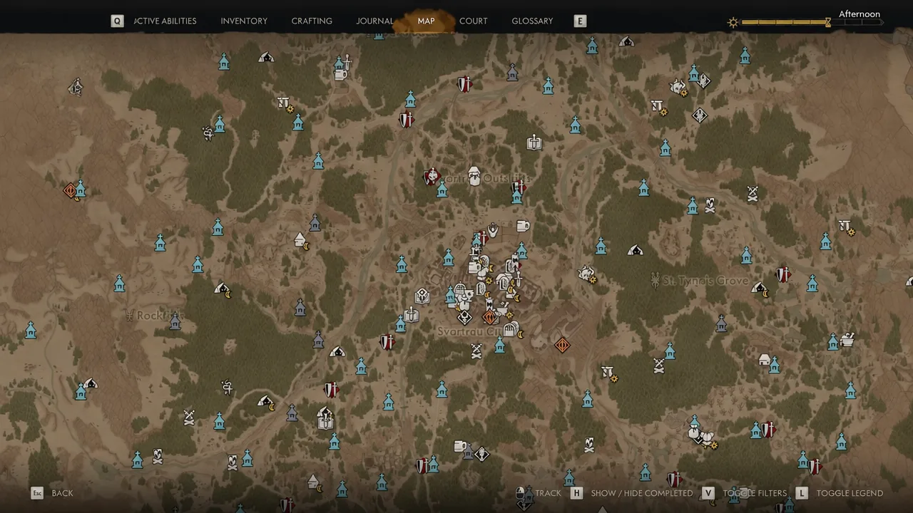 Vale Sangora world map open on the MAP tab with location markers and filter controls