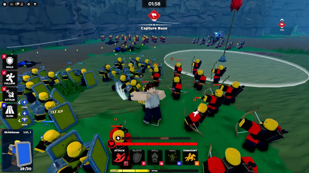 Battlefield view with the Capture Base objective active as troops fight nearby enemies.