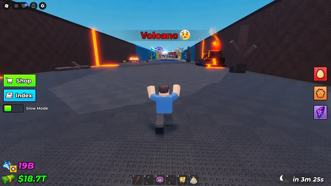 Running forward through the Volcano zone on the way to the end arena