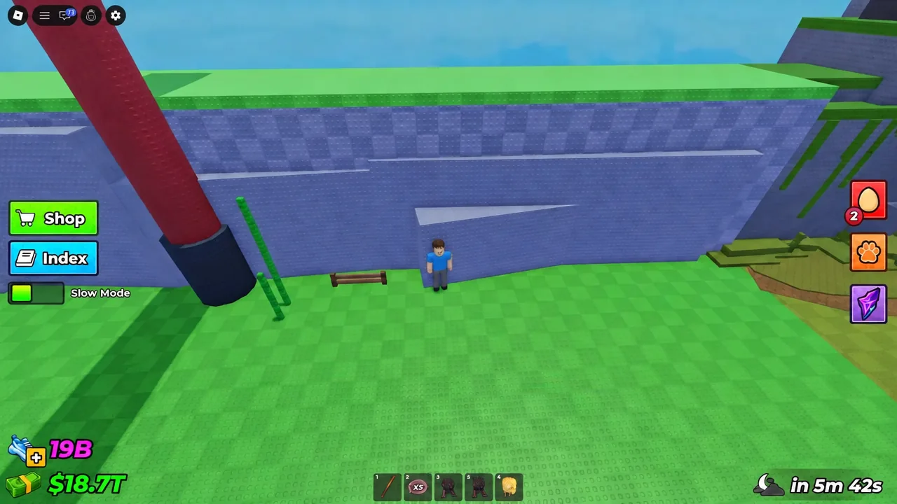 Tall avatar standing on top of the arena wall after clipping onto the ledge