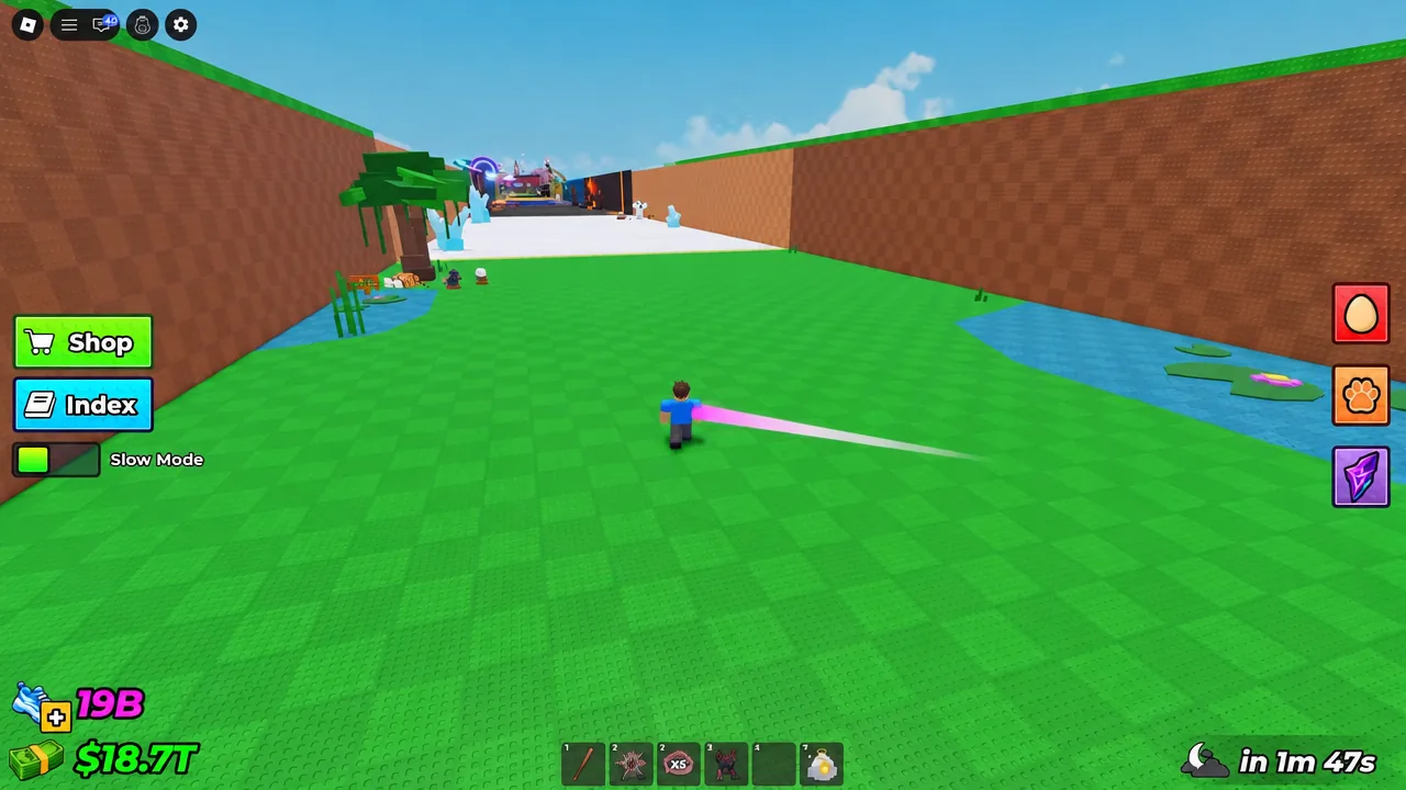Arena gameplay with the green Slow Mode toggle on the left of the screen