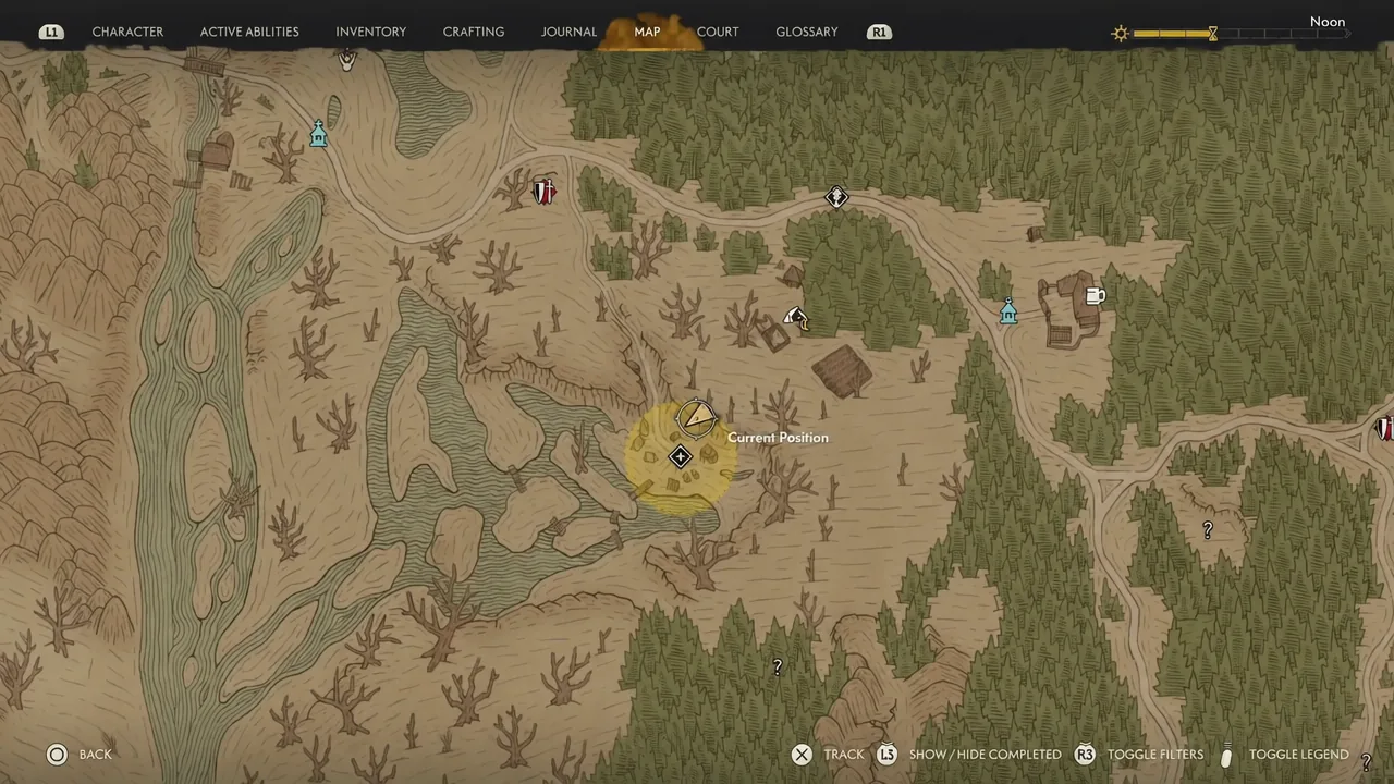 Map screen with the Current Position marker highlighted near a Blood Guard camp