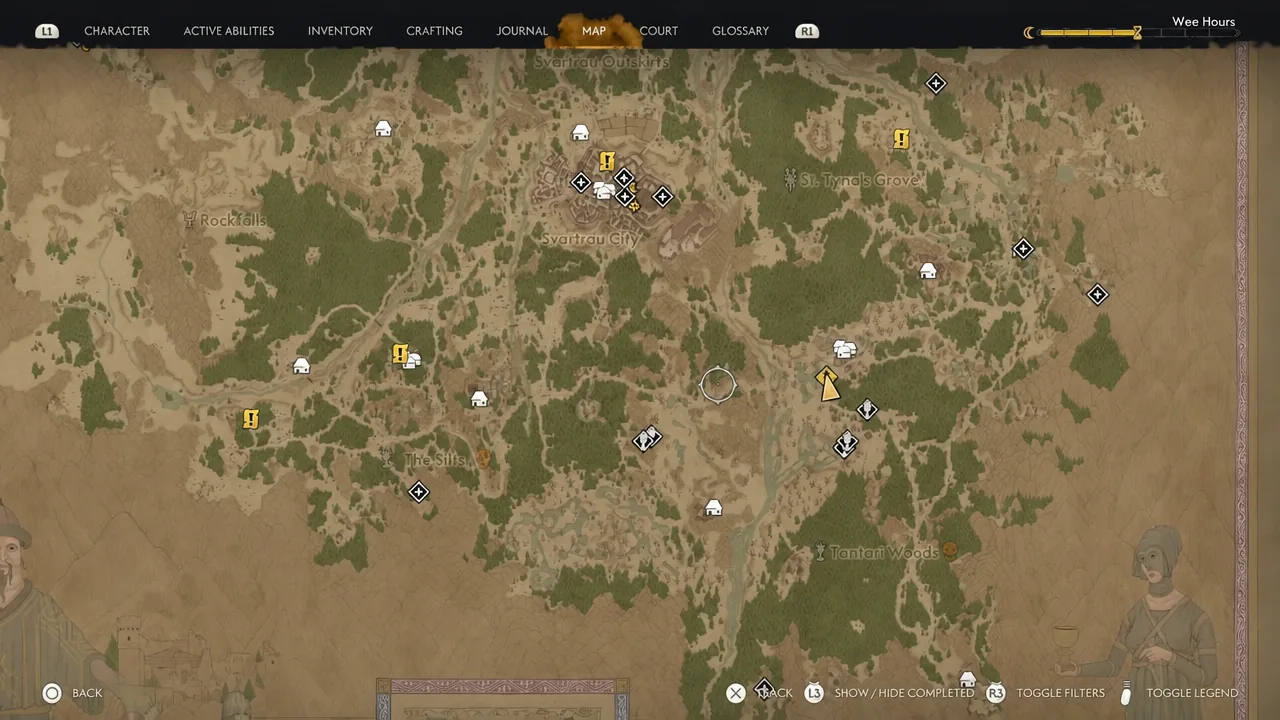World map screen with the MAP tab selected and the cursor moving between activity markers