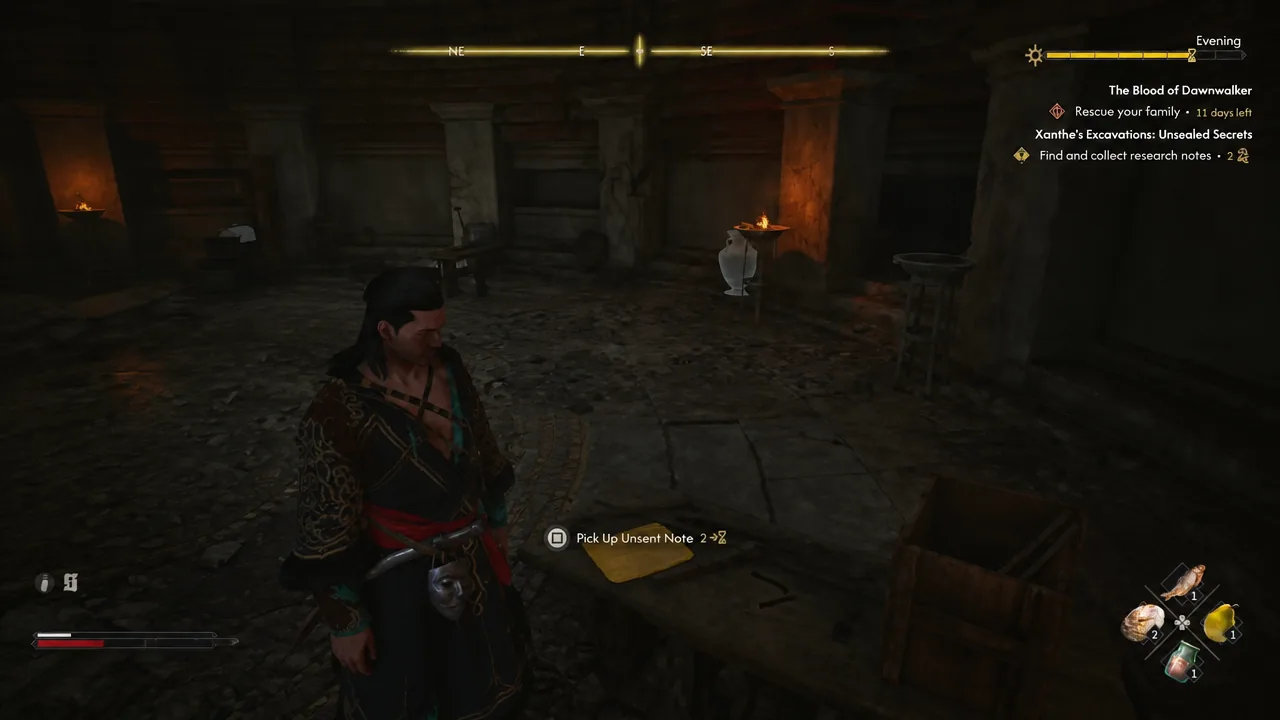 Pick Up Unsent Note prompt on screen inside the tomb chamber