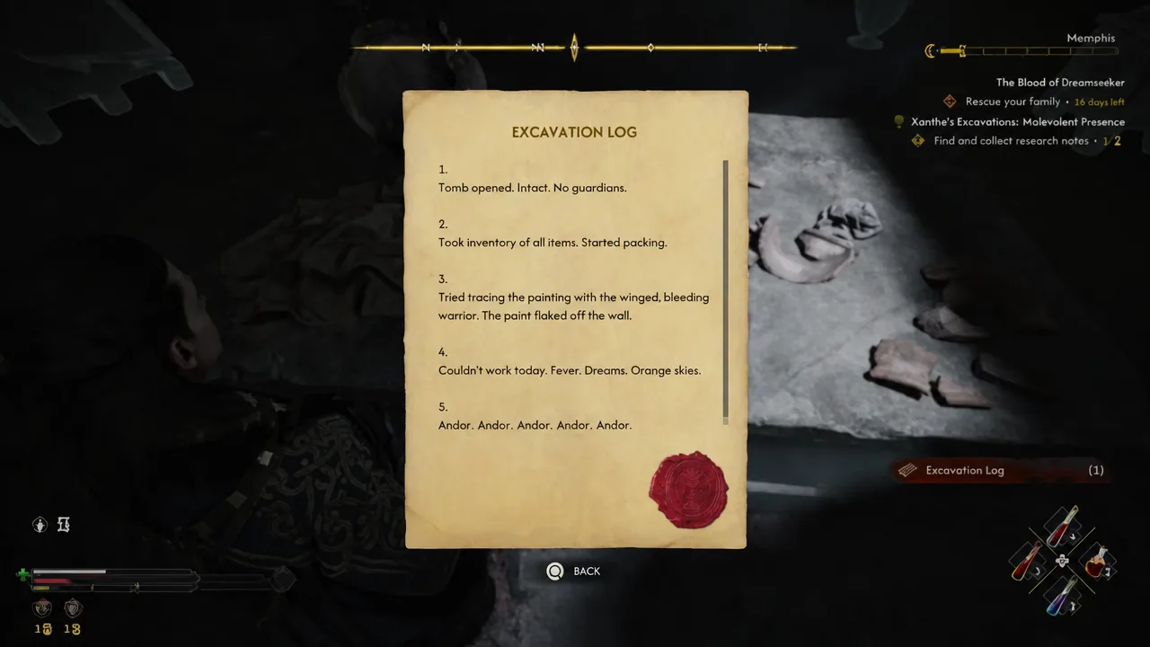 The Excavation Log document open on screen with its entries visible