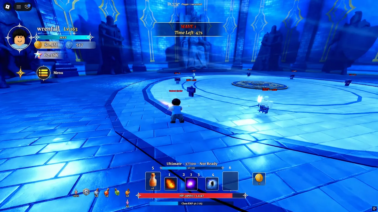 Wave 1 arena room in Dungeon Lootr with enemies closing in and the timer counting down
