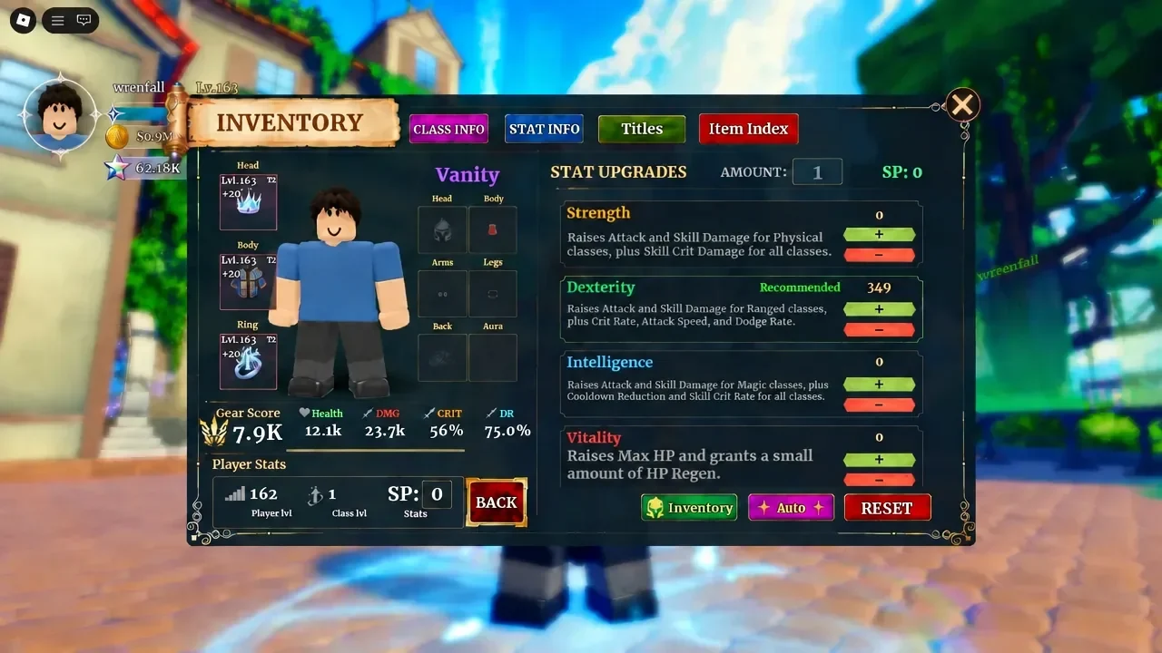 Stat Upgrades screen in Dungeon Lootr with the plus button next to Dexterity highlighted