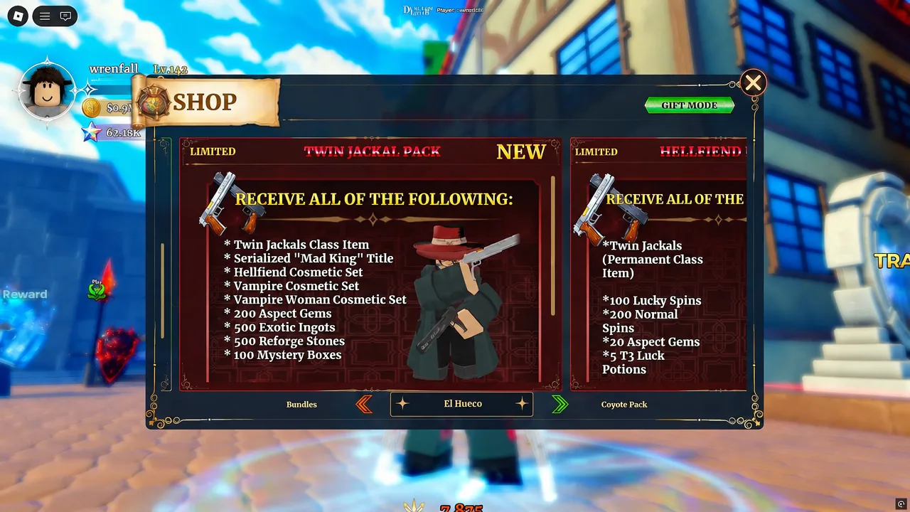 Dungeon Lootr shop screen with the Twin Jackal Pack bundle and its listed rewards