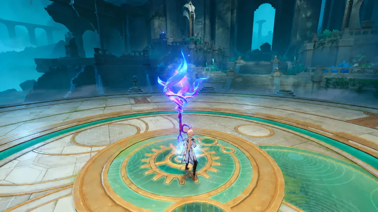 Player character standing on a circular platform beneath a glowing blue mechanism to start the challenge