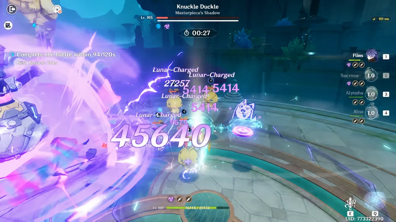 Lunar-Charged damage numbers popping off Knuckle Duckle with 27 seconds on the clock