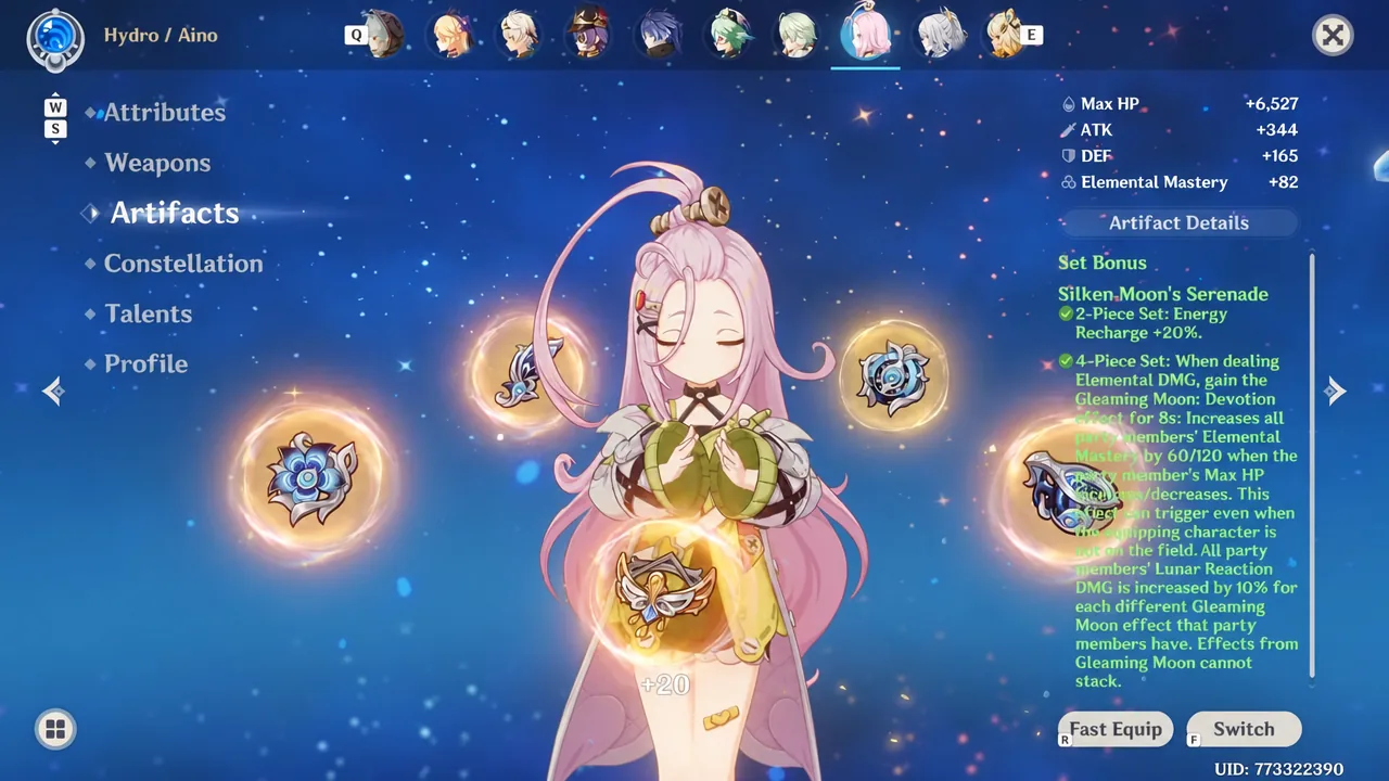 Artifact details screen showing an equipped set and its Silken Moon's Serenade bonus