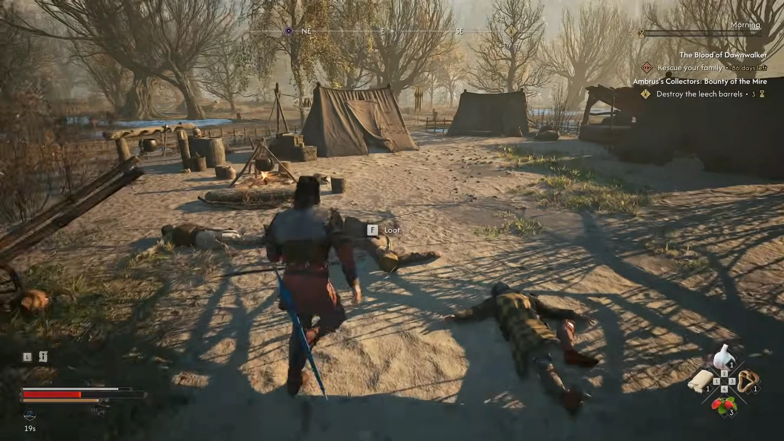 Loot prompt hovering over a fallen guard as the player walks up to the body