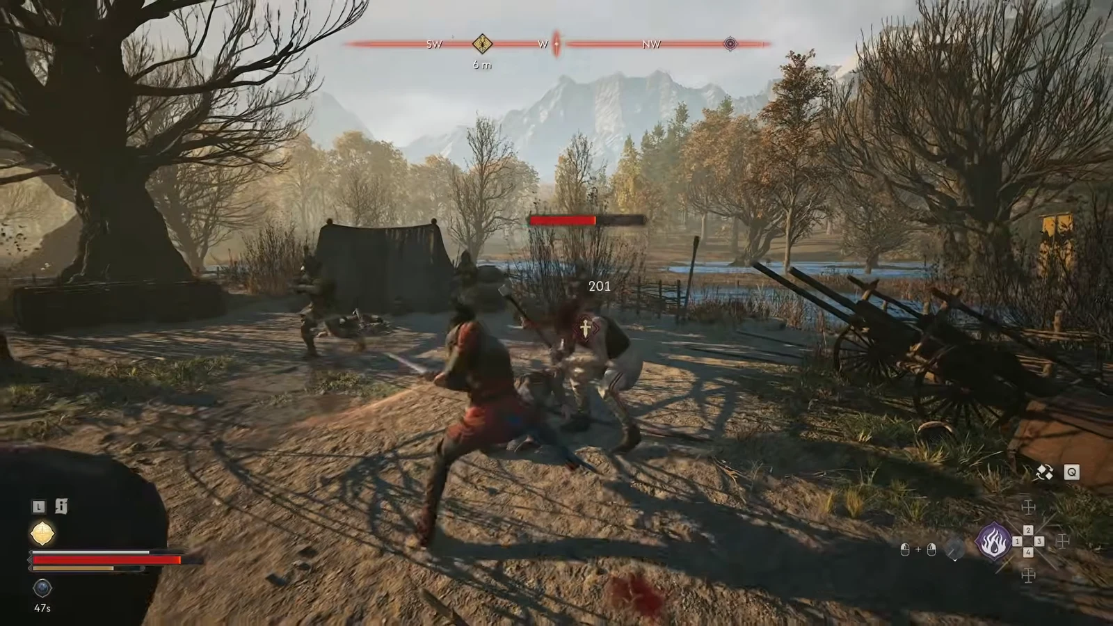 Sword strike landing on a marked guard, with the enemy health bar and a 201 damage number showing