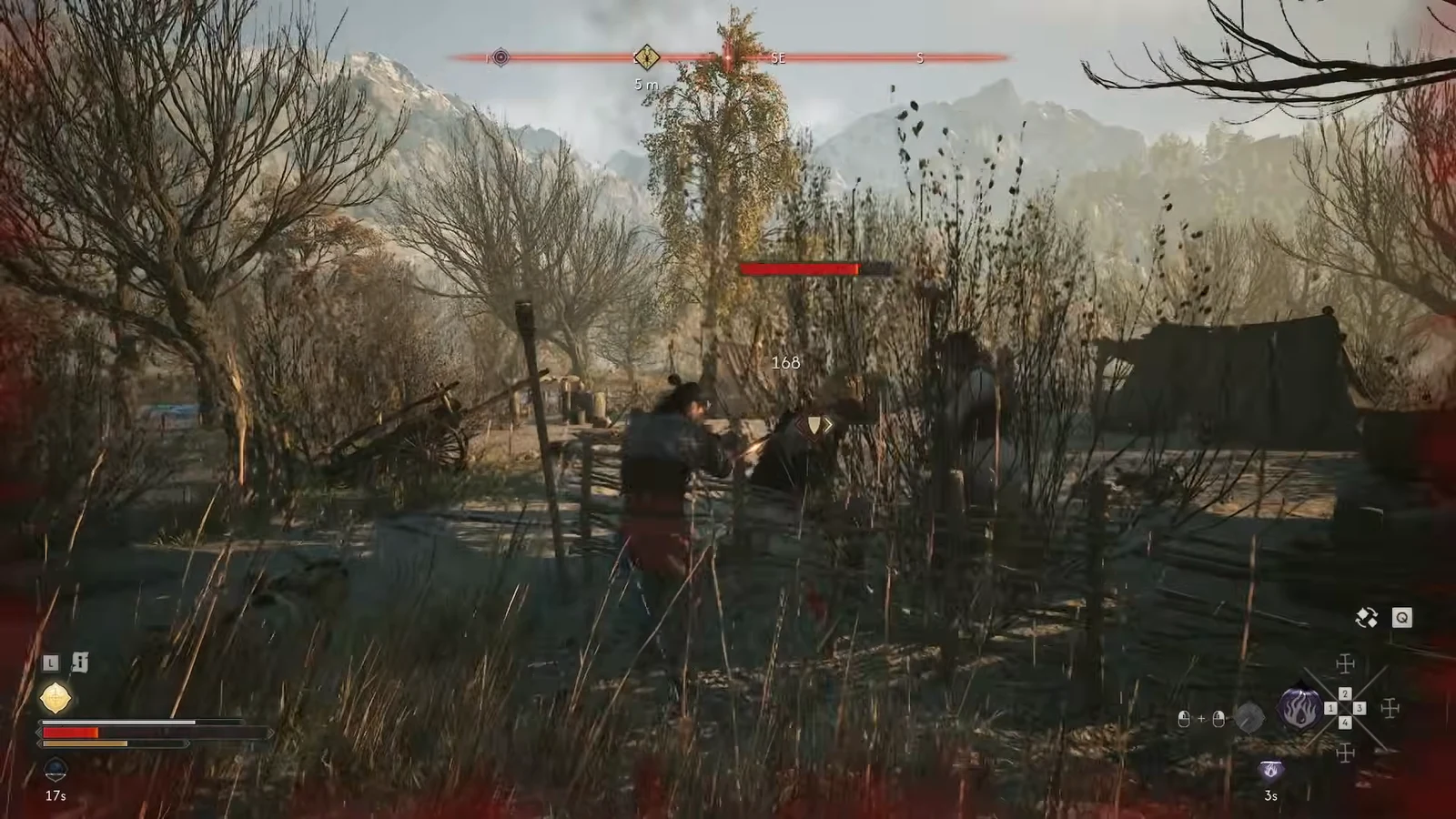 Player attacking a second guard whose red health bar is partly drained, with a 168 damage number