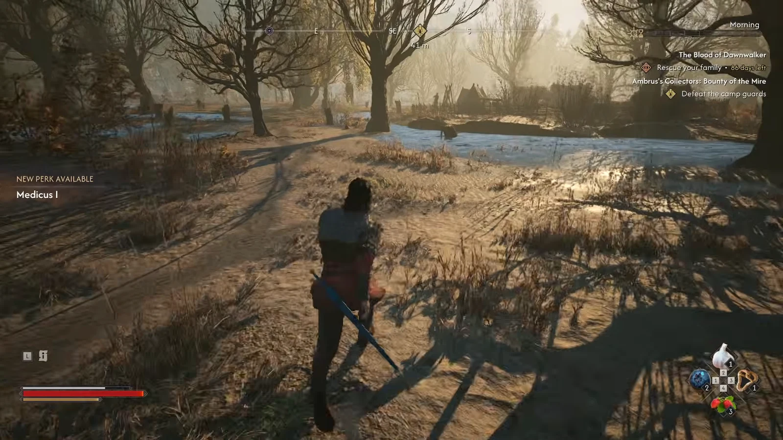 Player crossing a snowy swamp as a New Perk Available: Medicus I notification appears on screen