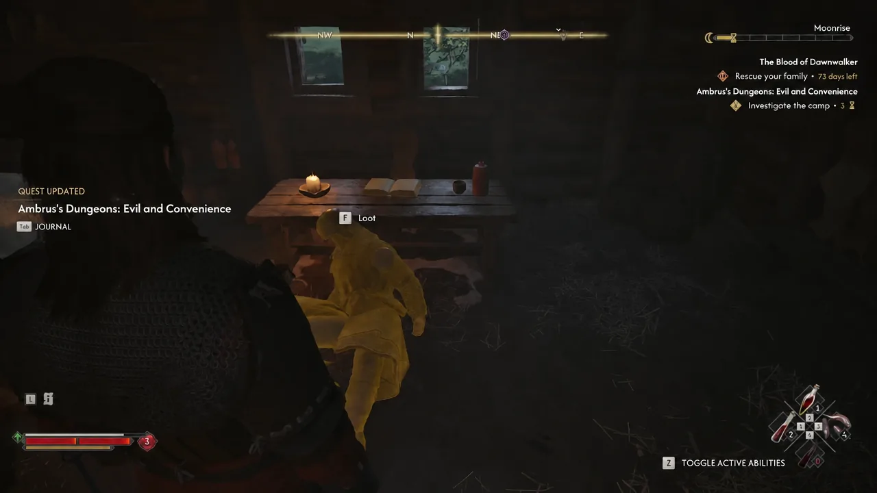 A highlighted body inside the cabin showing the F Loot prompt after the Chief Jailor encounter