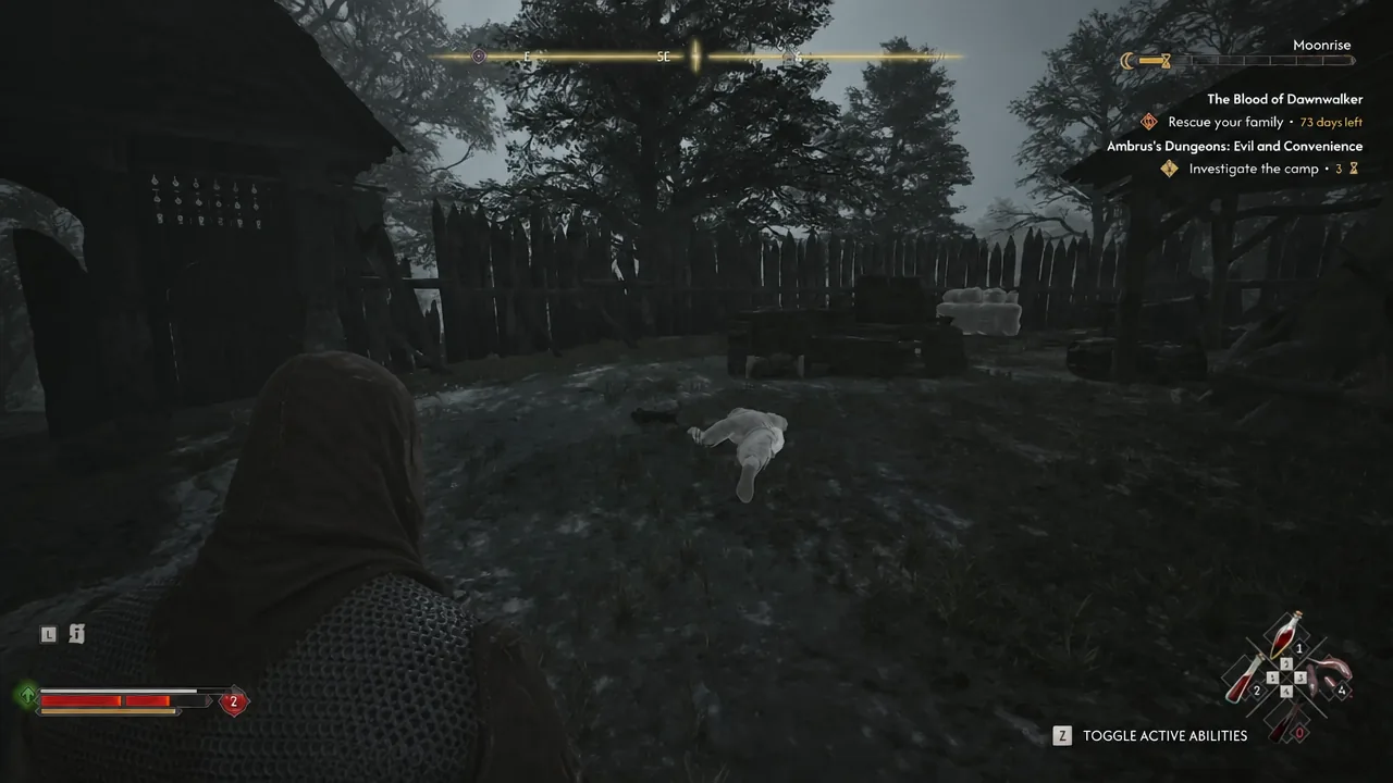 Coen approaches a soldier's body with the Investigate the camp objective active in the tracker