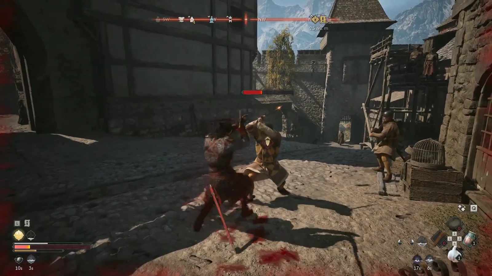 Duelling an armoured guard in a cobblestone street as a second guard closes in