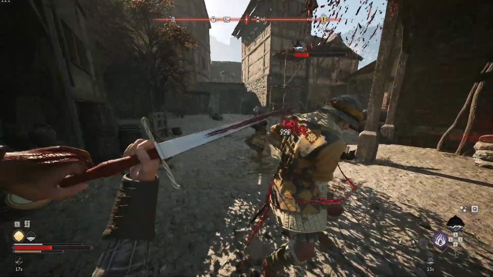 Sword strike landing on an armoured guard as his health bar drops