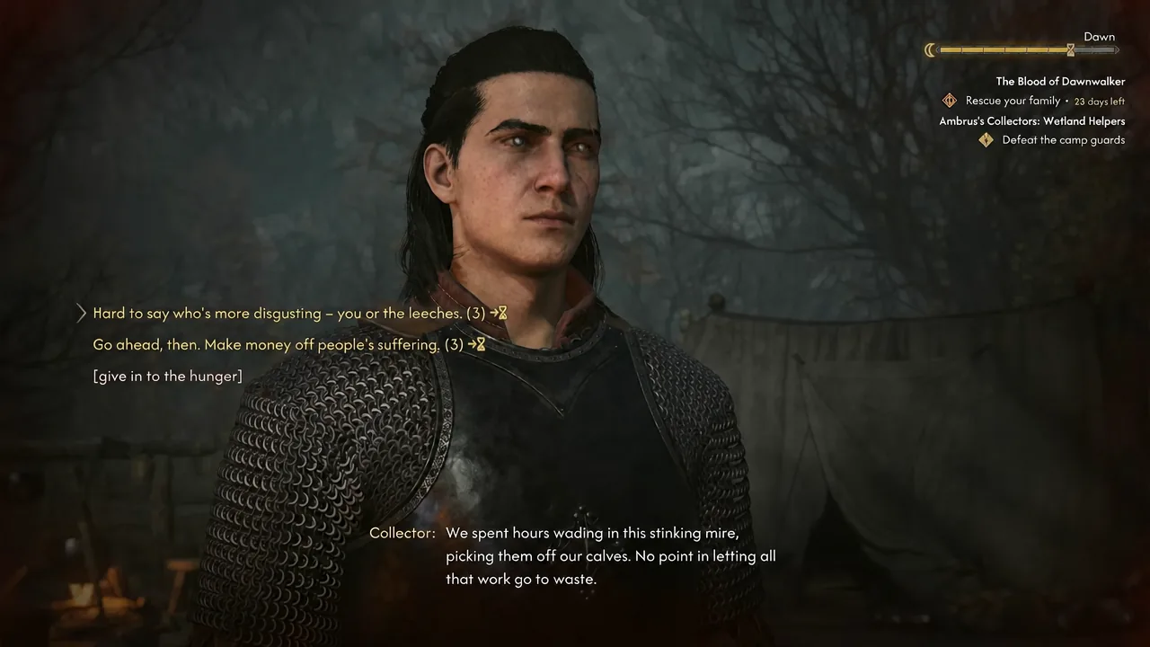 Dialogue wheel during the confrontation with the leech collectors, first response highlighted