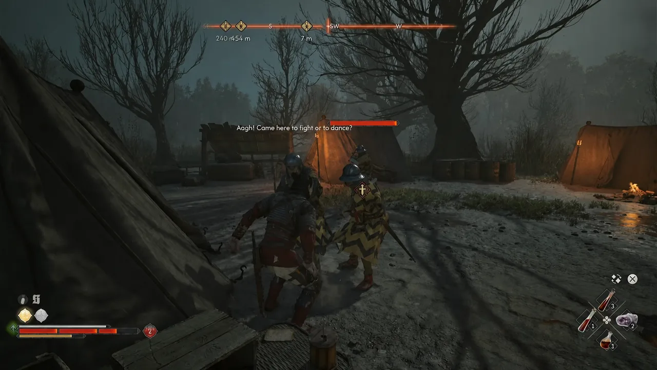 Coen fighting an armored camp guard with the enemy health bar and target lock marker visible
