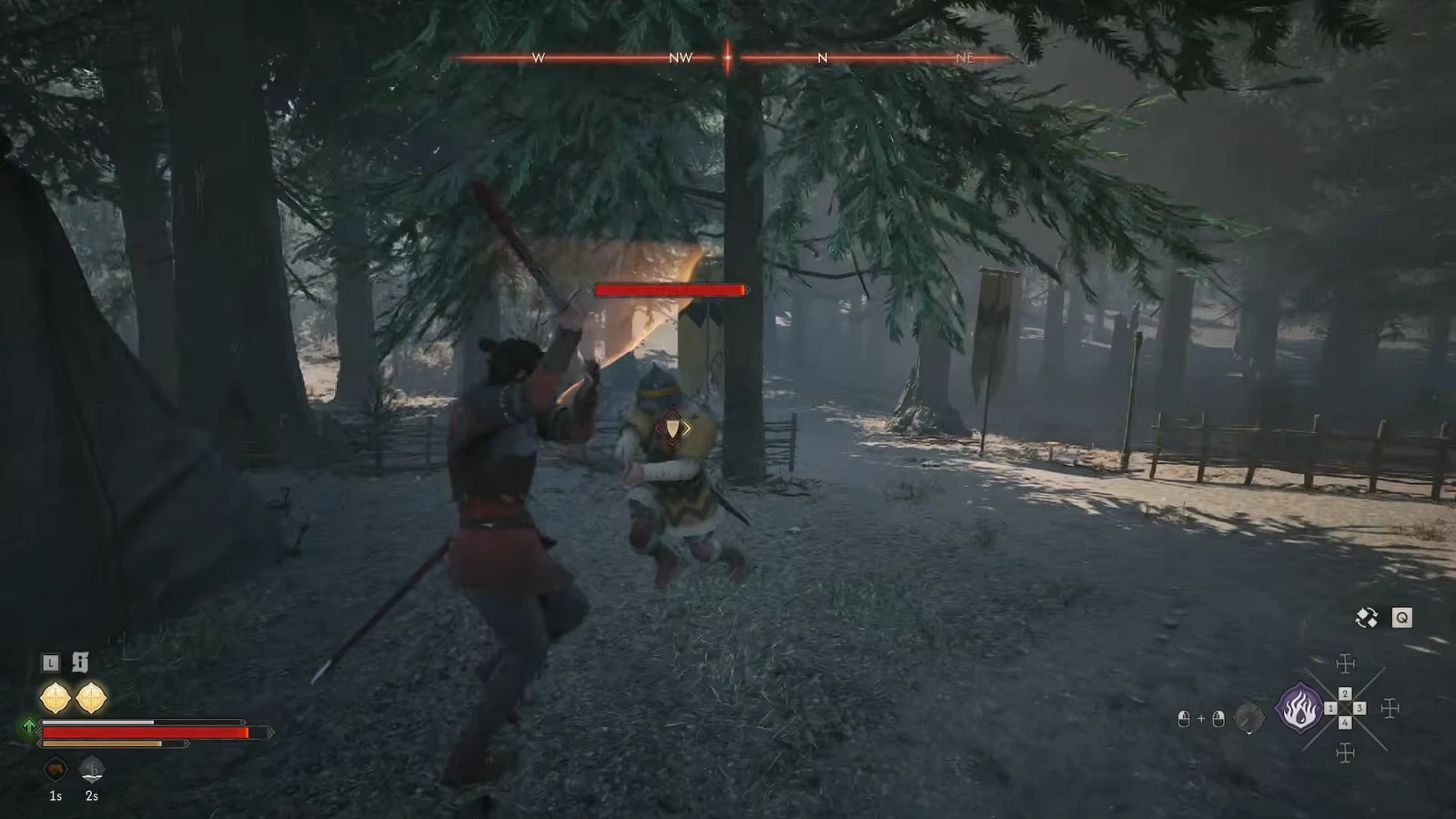 Player attacks a shield-carrying soldier in the clearing while the enemy health bar drains