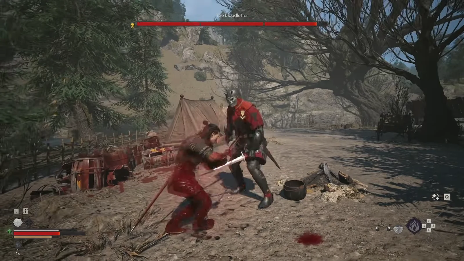 Sword strike landing on The Bloodletter during the miniboss fight in the swamp camp