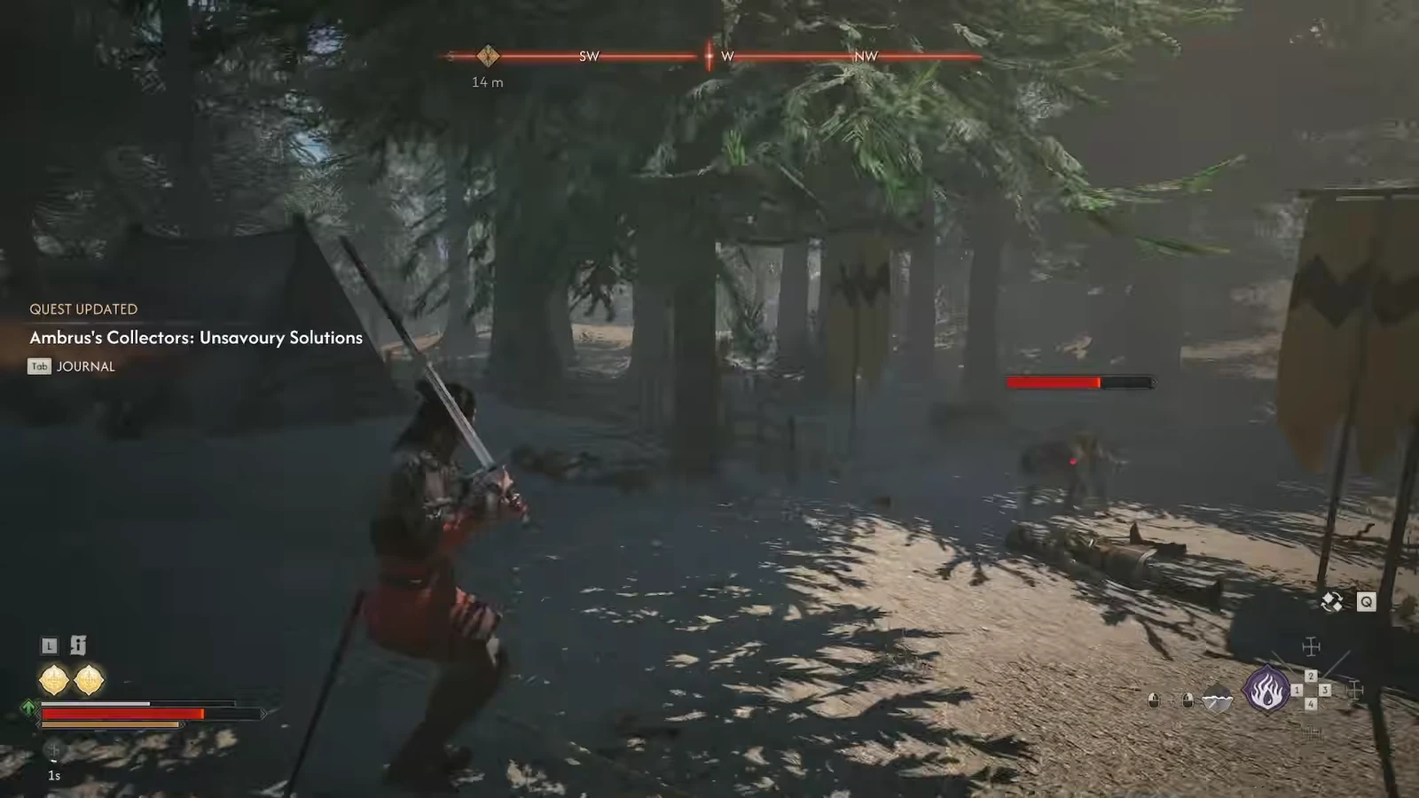 Combat in the wooded camp as the Ambrus's Collectors objective updates on screen