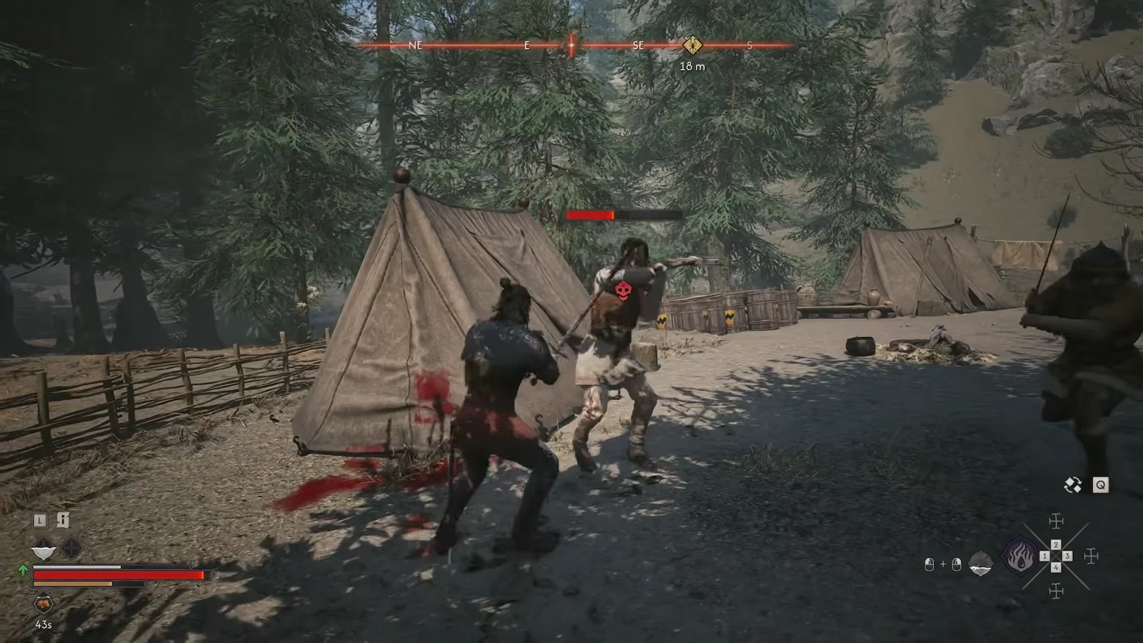 Player swings at a red-highlighted guard inside the swamp camp with the objective marker 18 meters ahead