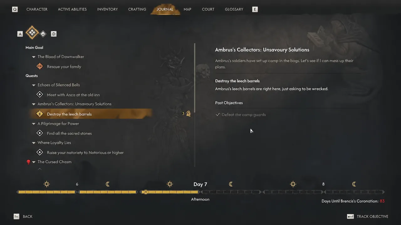 Quest journal showing the updated objective Destroy the leech barrels