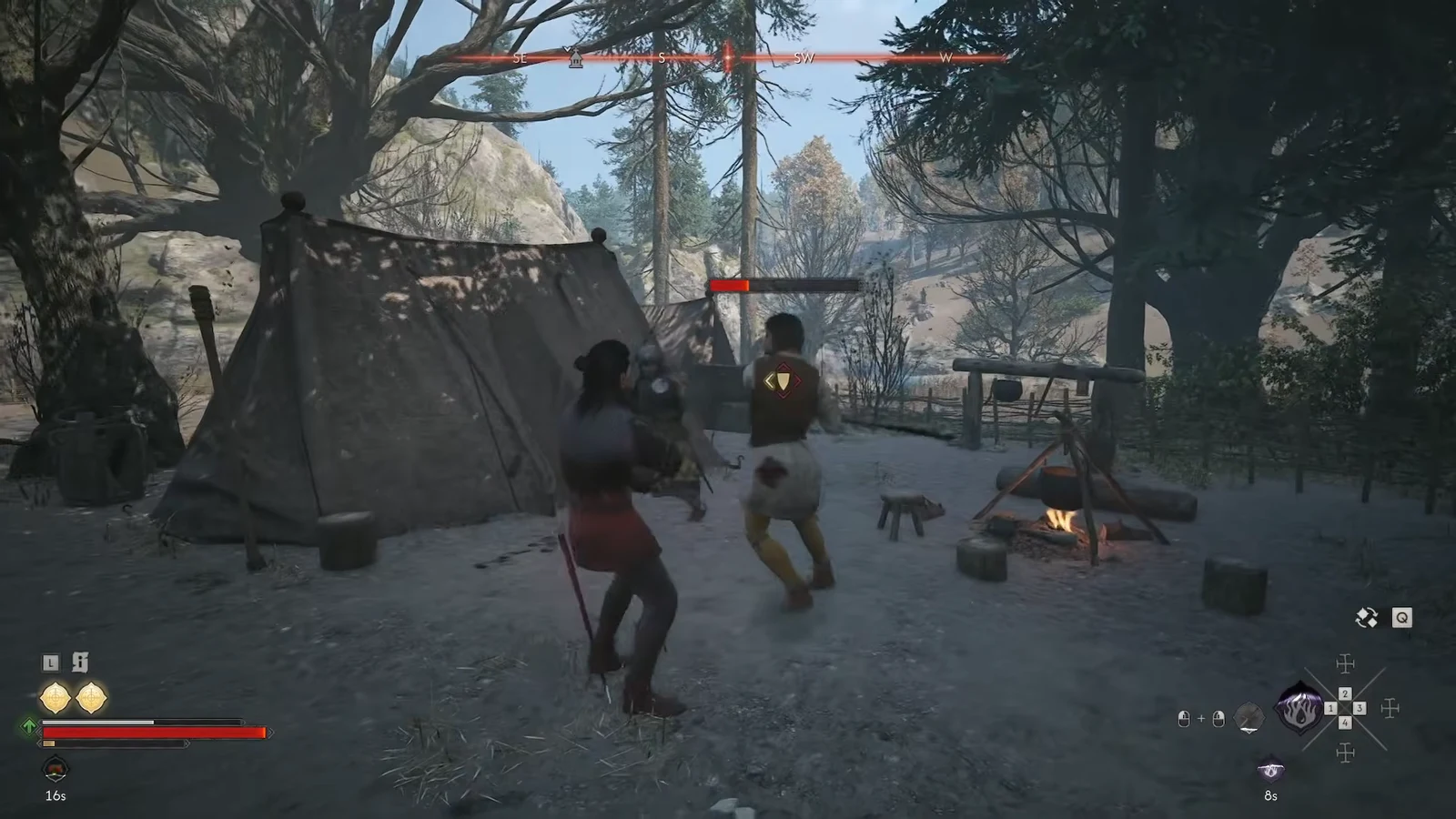 Player striking a shield-carrying guard in the swamp camp, with the enemy health bar on screen