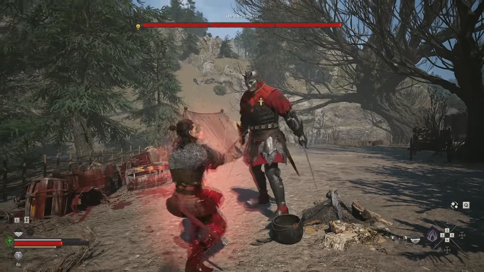 The Bloodletter's boss health bar on screen during close-range combat with the armored boss