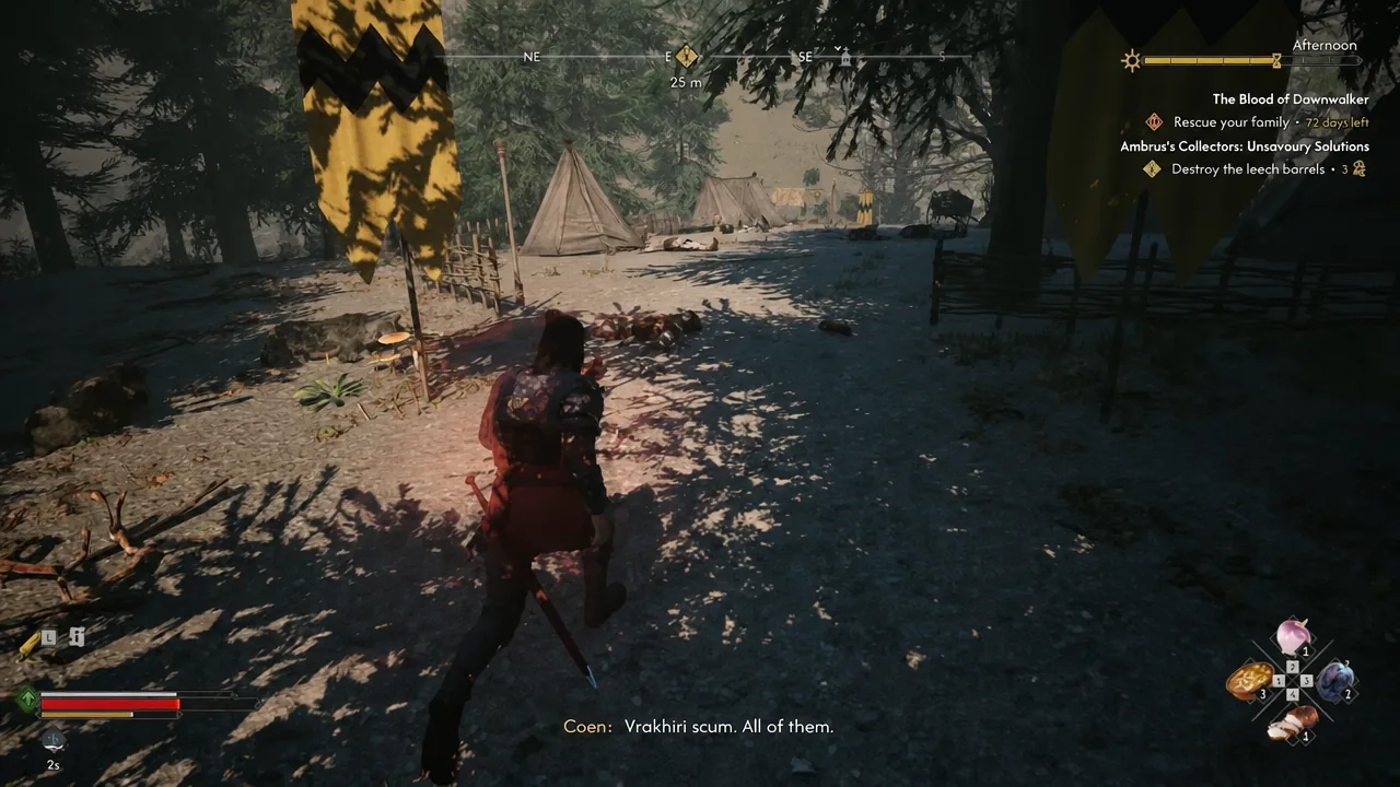 Player character walking through the cleared leech camp toward the barrel objective