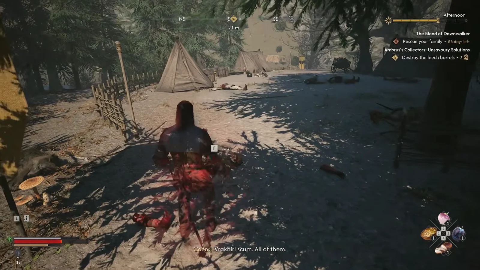 Loot prompt appears over a fallen soldier in the swamp camp
