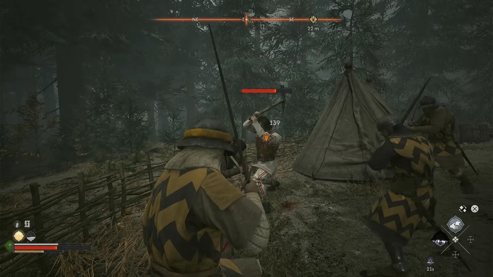 Coen fights a club-wielding camp guard marked with an orange target icon outside the forest camp.