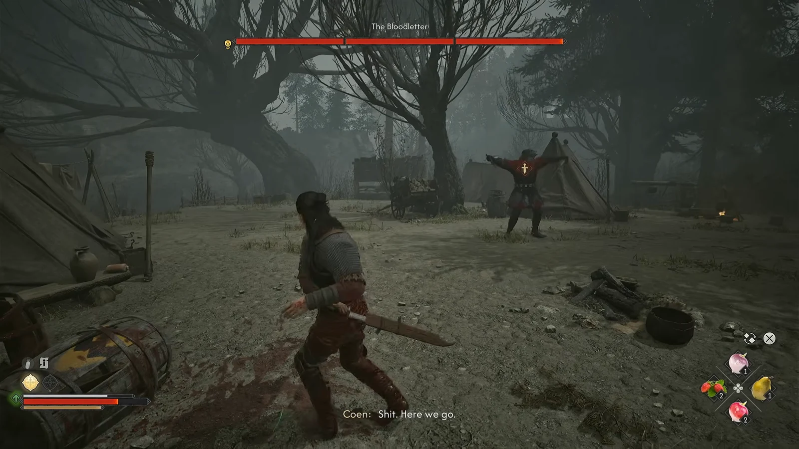 The Bloodletter's boss health bar on screen as Coen duels the elite enemy at the leech camp.
