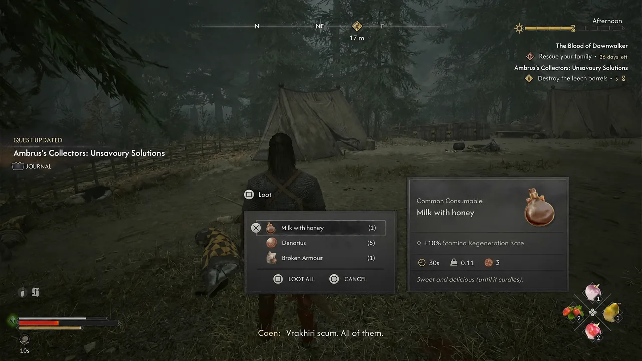 Looting a downed Vrakhiri guard after the camp fight, with collected items shown on screen.