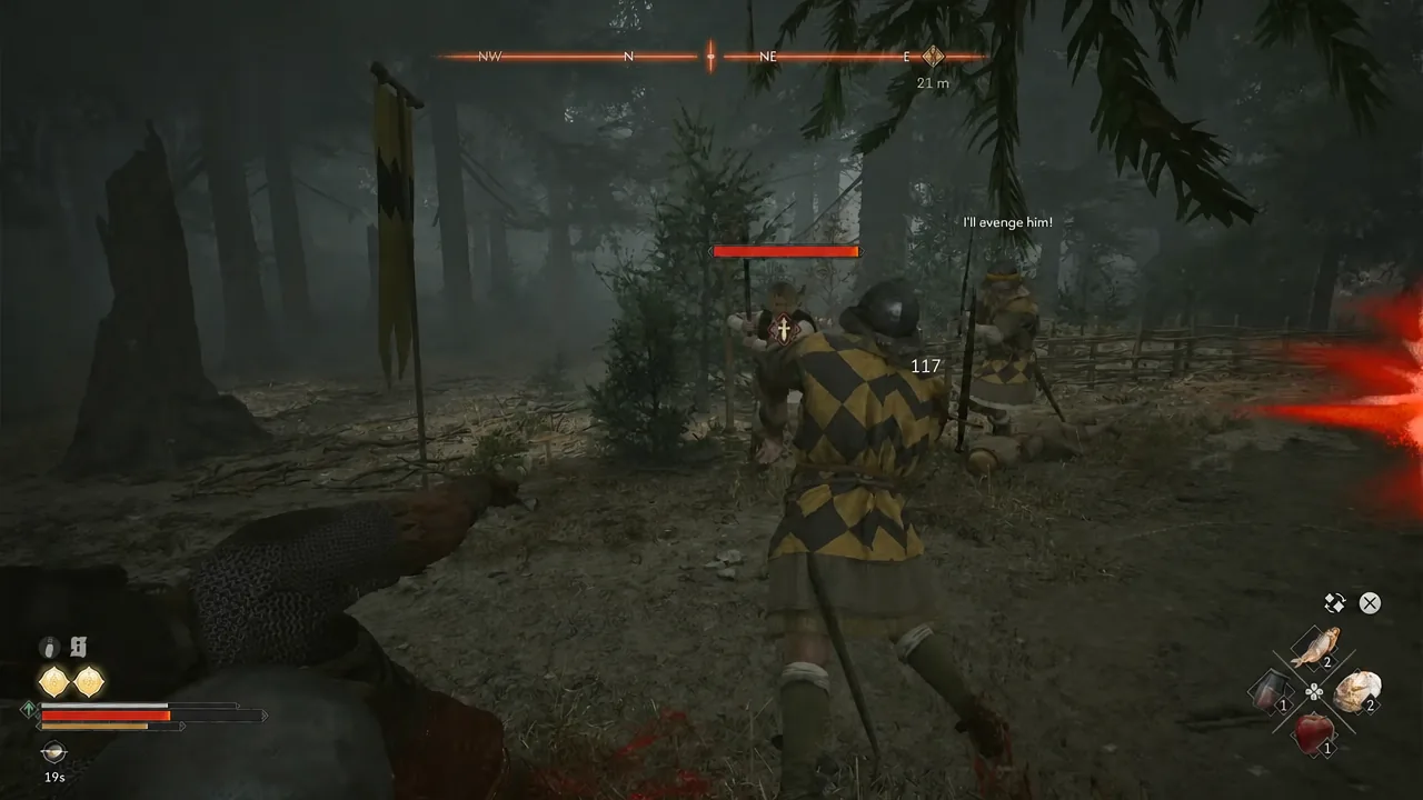 Damage number appears over a locked-on guard whose red health bar is draining during the camp fight.
