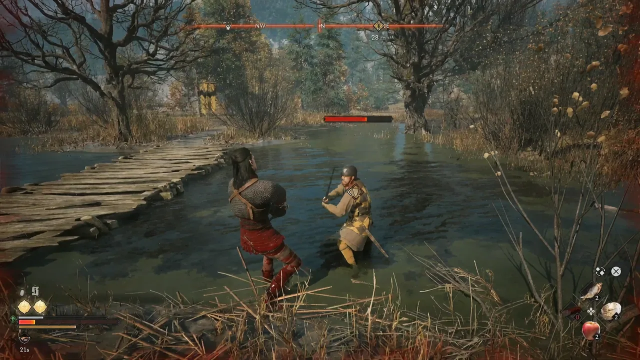 Coen locked onto a camp guard marked with a diamond icon during melee combat in the wetland camp