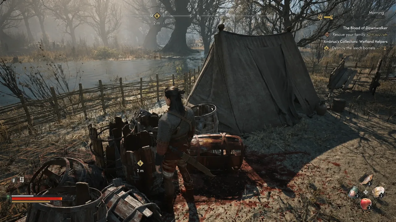 Marked leech barrel in the camp with the destroy objective shown in the quest tracker